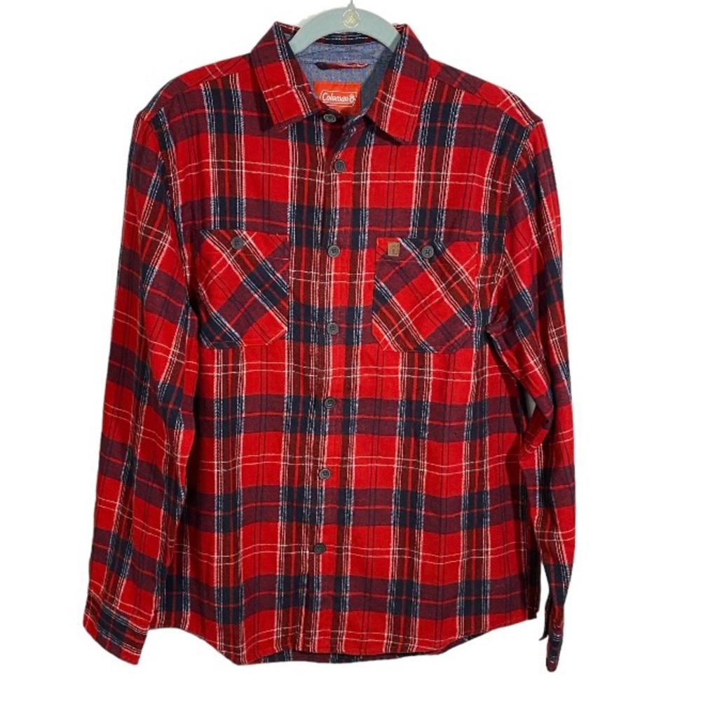 Coleman Flannel Shirt Red White Blue Plaid Button Down Soft Cotton Men’s Medium